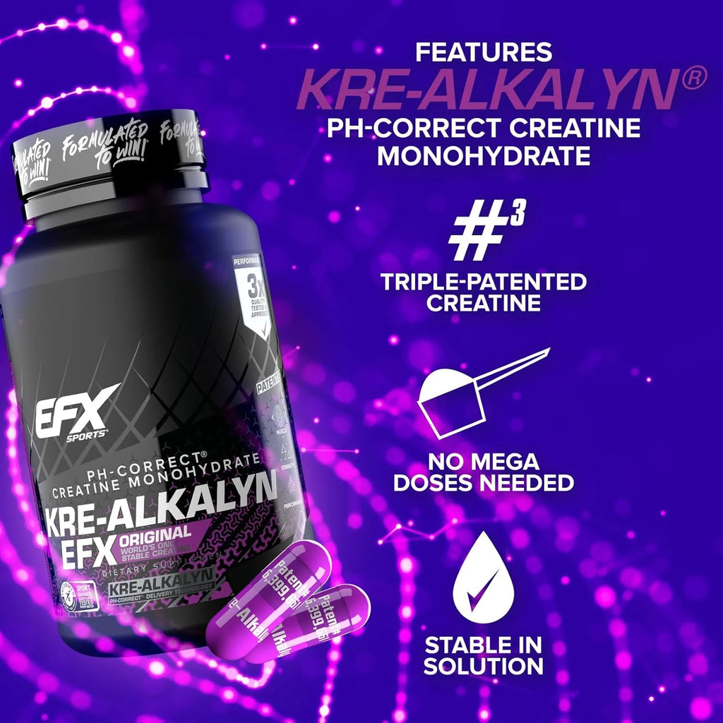 EFX Sports Kre-Alkalyn EFX | Ph Correct Creatine Monohydrate Pill Supplement | Strength, Muscle Growth & Performance | 60 Servings, 120 Capsules