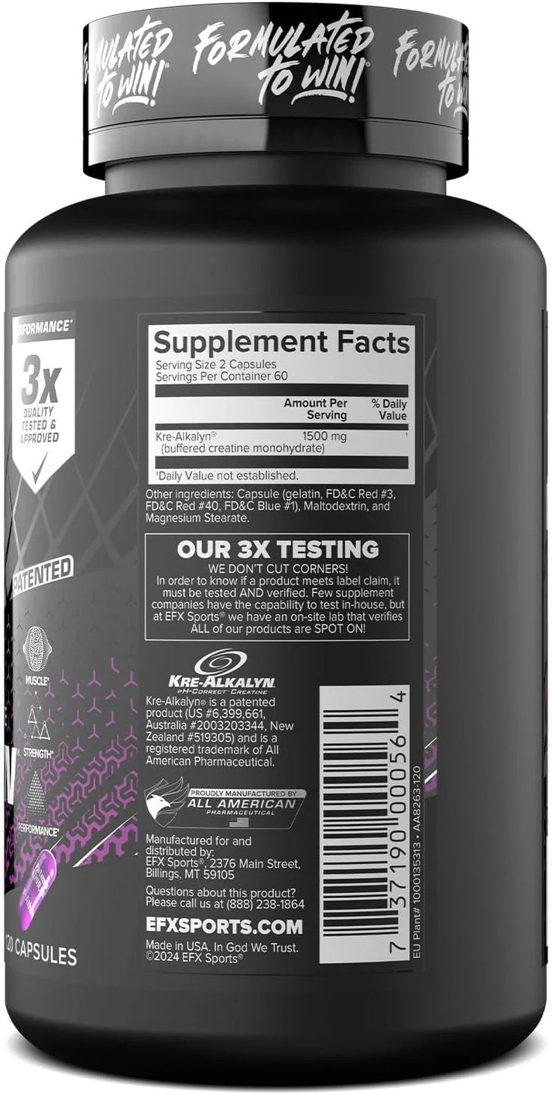EFX Sports Kre-Alkalyn EFX | Ph Correct Creatine Monohydrate Pill Supplement | Strength, Muscle Growth & Performance | 60 Servings, 120 Capsules