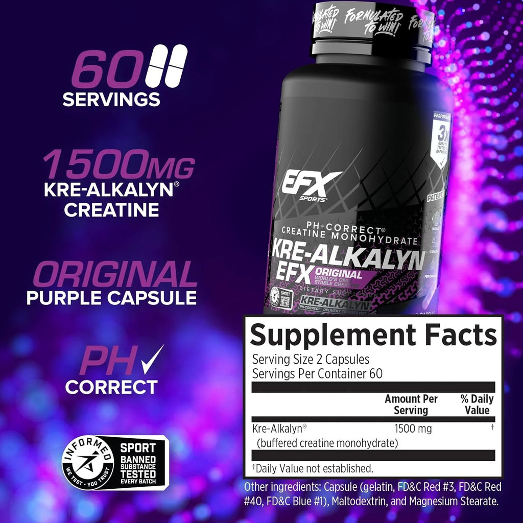 EFX Sports Kre-Alkalyn EFX | Ph Correct Creatine Monohydrate Pill Supplement | Strength, Muscle Growth & Performance | 60 Servings, 120 Capsules